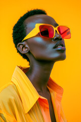 Wall Mural - A woman wearing yellow and red sunglasses is posing for a photo