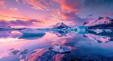 Wall Mural - A serene scene of icebergs floating in the water at sunset, with mountains and snowcapped peaks visible behind them.