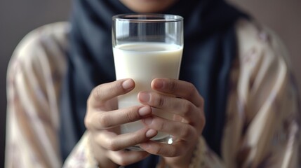 Wall Mural - An Asian woman wearing a hijab elegantly cradling a glass of milk sets the stage for World Milk Day