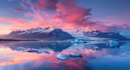 Wall Mural - A serene scene of icebergs floating in the water at sunset, with mountains and snowcapped peaks visible behind them.