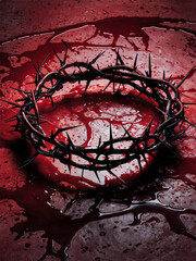 Wall Mural - Blood-Stained Crown of Thorns: A Poignant Representation of Christ's Triumph Over Sin and Death, Offering Hope and Redemption to All Who Believe in His Sacrifice and Resurrection. Blood-Stained Crown