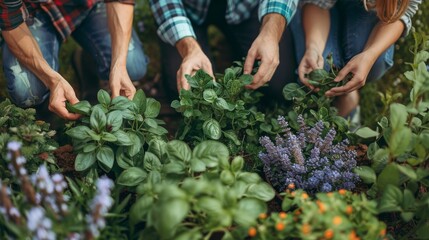 Wall Mural - Group of people preparing garden space together on green rooftop garden. Sustainable living and urban agriculture. Generative ai