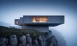modern house is placed on top of a rocky cliff in the fog. The house has large windows and a flat roof.
