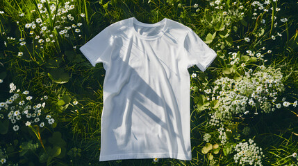 Wall Mural - white tshirt laying flat on the thick grass and little flowers background