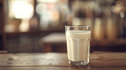 Wall Mural - Celebrate World Milk Day with a refreshing glass of white milk sitting on a charming wooden desk with a dreamy blurred background in a close up shot Wishing you a joyous Milk Day filled with
