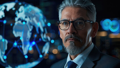 Wall Mural - A middle-aged man in glasses with gray hair and a short beard, dressed as an executive wearing a suit looking at the camera with a serious expression while a holographic map of the world