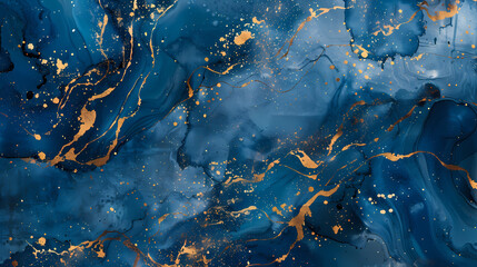 Abstract blue marble texture with gold splashes, blue luxury background --ar 16:9