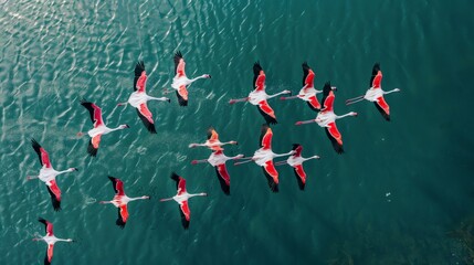 A flock of flamingos flying over a lake