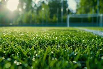 Wall Mural - Morning dew on a green soccer field with a goal in the background.