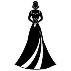 Wall Mural - beautiful Bride with long dress  silhouette vector black silhouette, white background