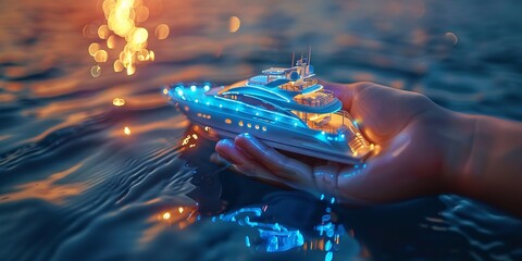 A close shot of a hand holding a mini yacht model a night view with a blurry blue water backdrop and a big space for text or product advertisement background, Generative AI.