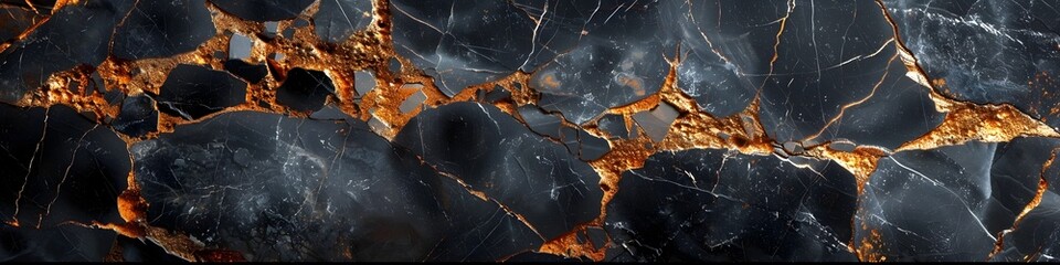 Poster - Stunning Black Marble Textured Background with Golden Veins and Cracks