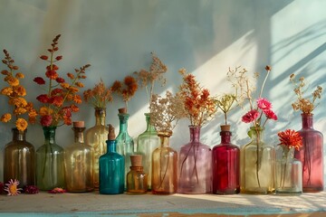 Poster - Assorted glass bottles filled with colorful flowers, AI-generated.