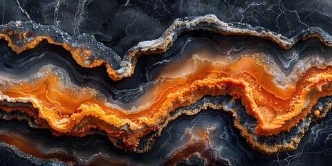 Fototapete - Mesmerizing Black Marble Background with Vibrant Orange and Metallic Accents Showcasing Intricate Geological Patterns and Textures