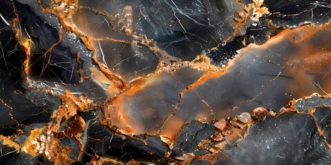 Aufkleber - Black Marble with Fiery Golden Veins Shimmering Abstract Textured Background for Luxury Design and Decor