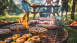 BBQ and shish kebab. Sizzling kebabs with vegetables and meat grilling on a barbecue, capturing a perfect summer cooking scene
