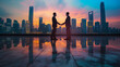 Two businessmen shaking hands on a rooftop with a stunning sunset cityscape reflection on the floor, symbolizing successful urban collaboration