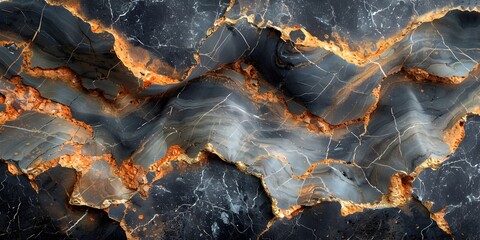 Black Marble Textured Background with Cracked and Shiny Orange Patterns for Luxury and Elegant Design Elements