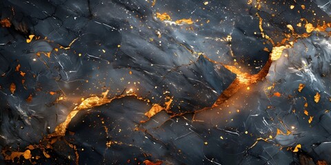 Aufkleber - Dramatic Cracked Black Marble Abstract Background with Fiery Accents and Textural Details