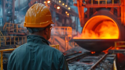 Steel mill worker wearing a hard hat and safety glasses looks at a furnace.