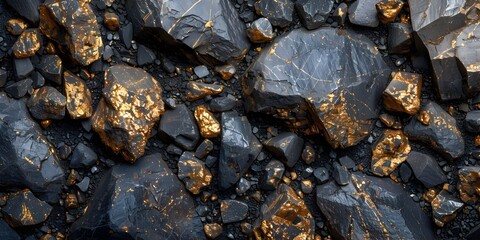 Fototapete - Glittering Ebony Marble Backdrop with Mesmerizing Faceted Patterns and Golden Accents