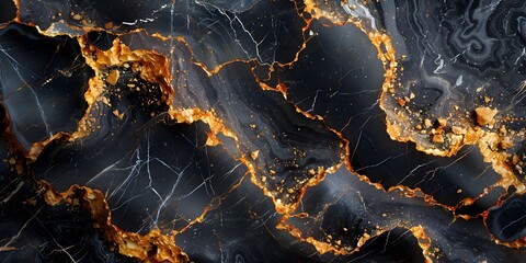 Poster - Dramatic Black and Gold Marble Stone Texture with Fiery Fractures and Cracks