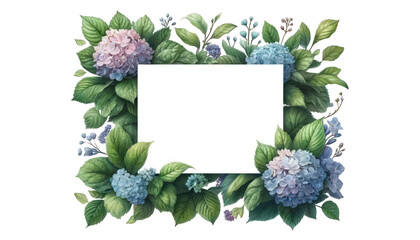 A Rectangle watercolor frame Hydrangea and leaves, isolated on transparent background