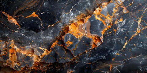 Aufkleber - Black and Orange Marble Textured Background with Dramatic Fractures and Veins for Luxury Design and Architecture