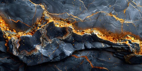 Aufkleber - Dramatic Black Marble Textured Background with Shimmering Golden Veins and Unique Geological Patterns