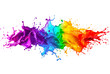 Explosion of multicolored paint splashes. Dynamic rainbow colored liquid motion against white background