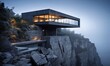 modern house is perched on a cliff, with a large concrete structure on the side of a mountain. The house is lit up from the inside, casting a warm glow on the exterior.