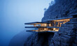 modern house built on the edge of a cliff with large glass windows.