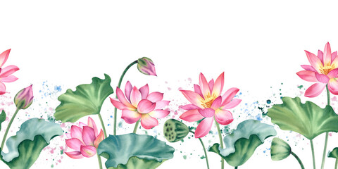 Wall Mural - Lotus pink flowers and leaves. Watercolor illustration hand painted on a white background. Seamless horizontal border. A bundle of water lilies for clipart, spa.