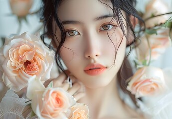 Closeup portrait of a beautiful Asian woman with roses, portrait photograph