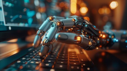 a robotic hand is actively typing on the keys of a laptop keyboard, programmed by a software enginee