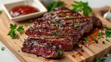 Wall Mural - Sliced flank steak cooked medium on a charcoal grill on a light background. Top view