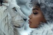 stormy weather, an African women and a white lion