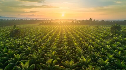 Expansive Palm Oil Plantation at Serene Sunrise,Rows of Lush Green Trees Stretching into the Horizon