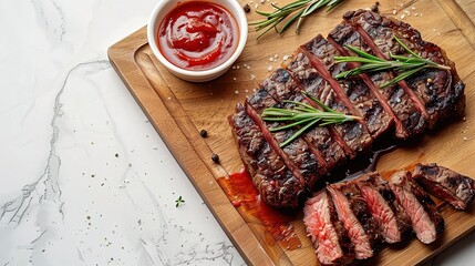 Wall Mural - Sliced flank steak cooked medium on a charcoal grill on a light background. Top view