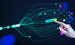 © Krot_Studio - Businessman hand touch abstract stream, information wave. Big data, technology, AI, data transfer, data flow, generative AI, large language model, screen background