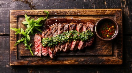 Wall Mural - Sliced flank steak cooked medium on a charcoal grill on a dark background. Top view