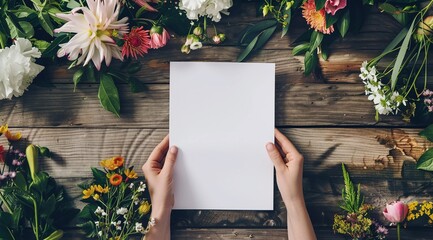 Blank White Paper Held by Hands with Floral Background, Rustic Stationery, Top-Down View, Creative Invitation Design, Copy Space for Text, Nature-Inspired Arrangement