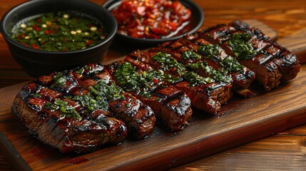 Wall Mural - Sliced flank steak cooked medium on a charcoal grill on a dark background. Top view