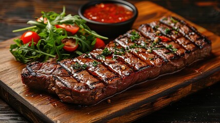 Wall Mural - Sliced flank steak cooked medium on a charcoal grill on a dark background. Top view