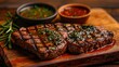 © Vasiliy - Sliced flank steak cooked medium on a charcoal grill on a dark background. Top view