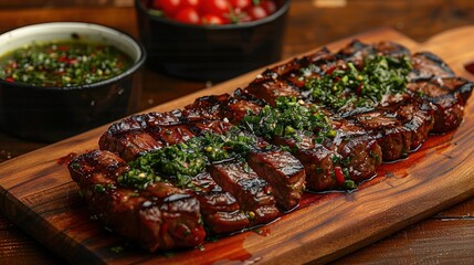 Wall Mural - Sliced flank steak cooked medium on a charcoal grill on a dark background. Top view