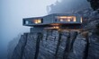 modern house is placed on top of a rocky cliff in the fog. The house has large windows and a flat roof.