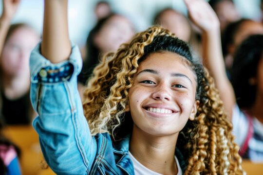 happy smiling teenager girl student raising hand, school lesson learning concept