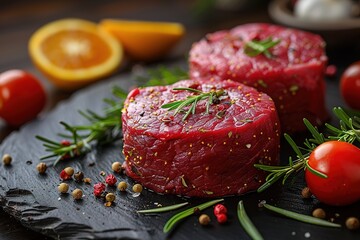 Wall Mural - Raw beef filet Mignon steak on a wooden Board with pepper and salt, black Angus marbled meat