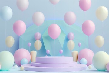 Wall Mural - Minimal product podium stage with multicolor pastel color balloons in geometric shape for presentation background. Abstract background and decoration scene template. 3D illustration